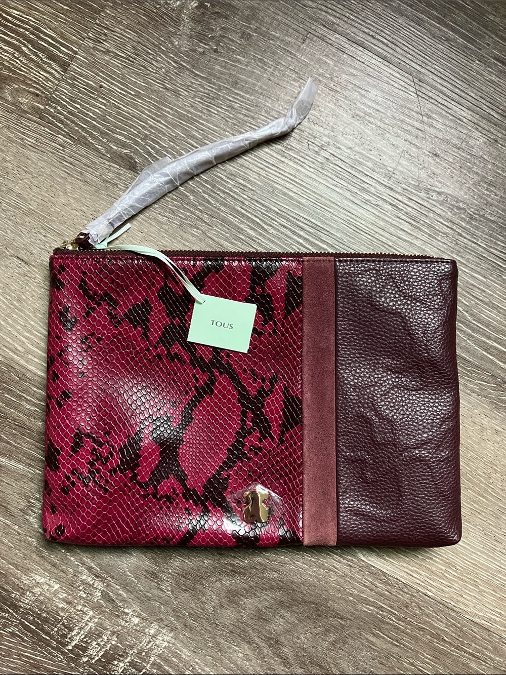 TOUS Burgundy and Pink Snake-Print Leather Wristlet Clutch